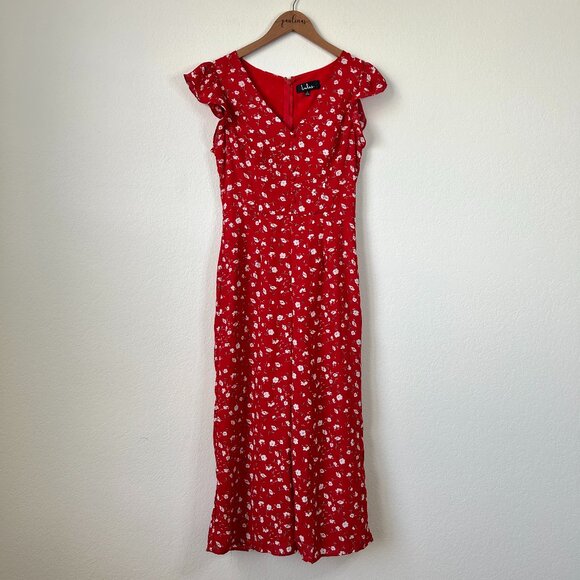 Lulus Jumpsuit Womens Small Red Flirty Floral Print Ruffle S - Picture 1 of 9